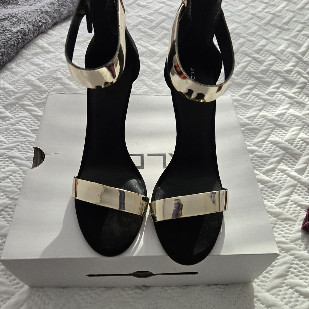 Aldo Black and Gold Strappy Heels